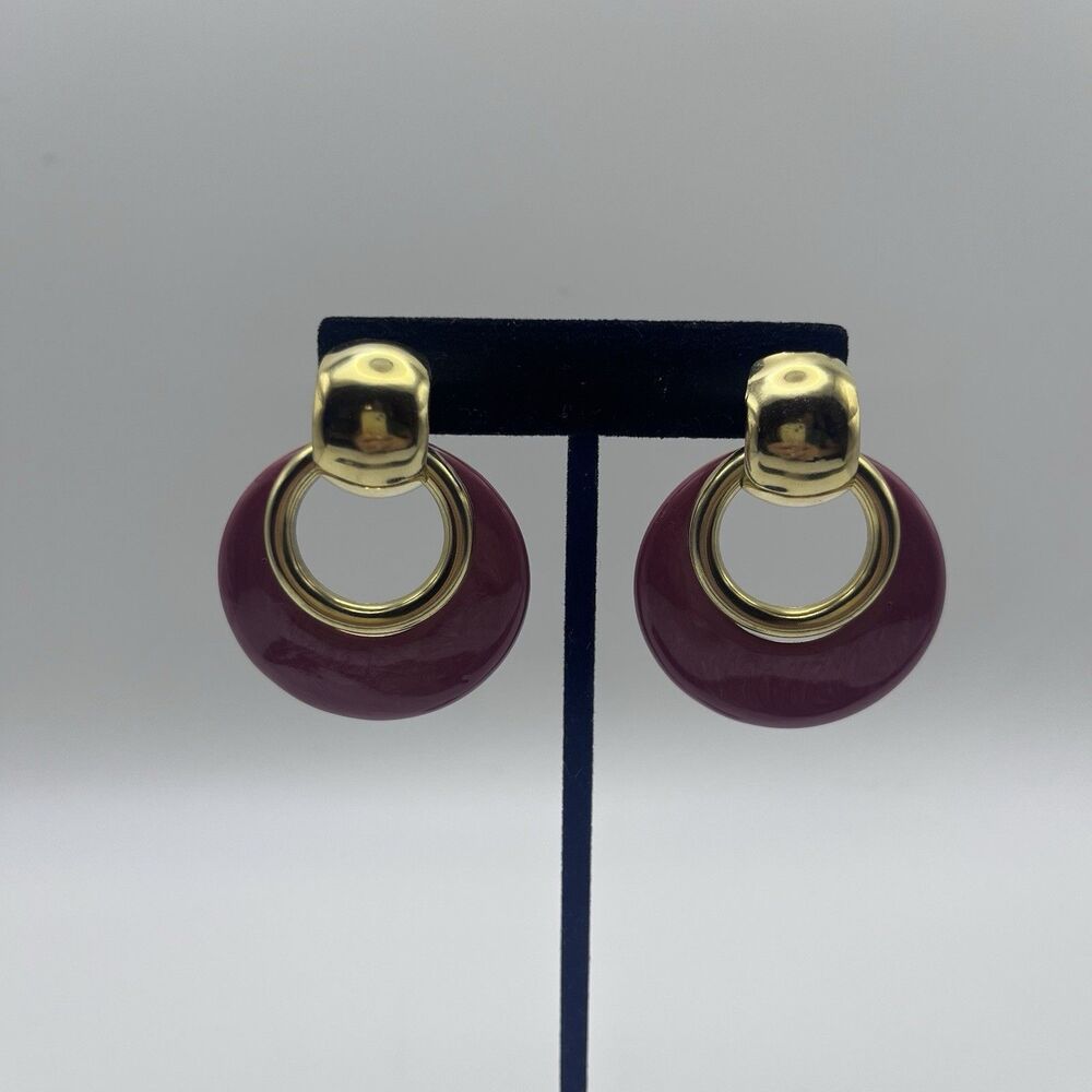 Mauve Door Knocker Earrings Stud Gold Tone Acrylic Round Dangle Vintage Classic